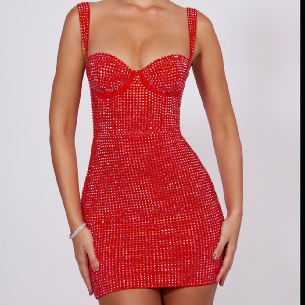Oh Polly Red Embellished Mini Dress